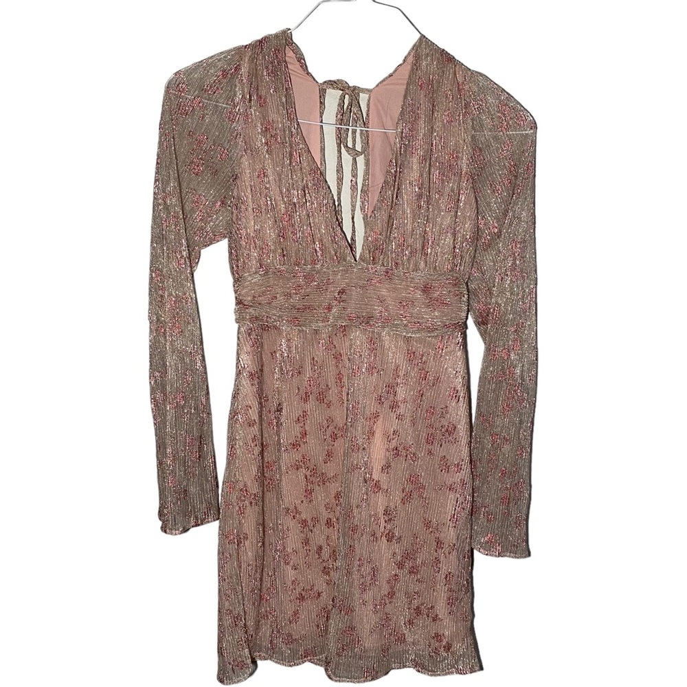 Storia‎ Women's Small Pink Metallic Multi Floral Mini Dress Sparkly Long Sleeves